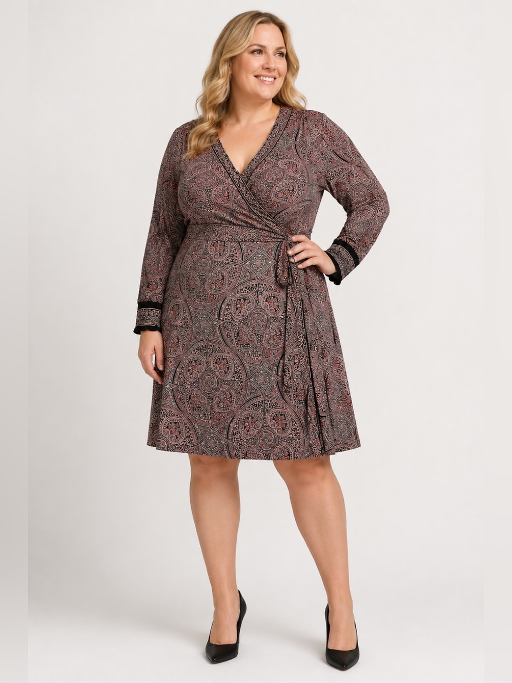 Tommy Hilfiger Faux Wrap Dress Size 16 Jersey Knit Paisley V-neck Ruffle Cuffs